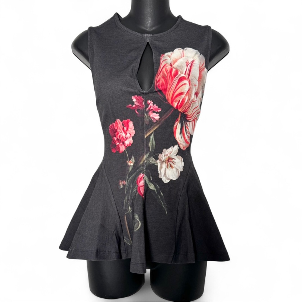 Anthropologie coquette Artwork Maeve Black Floral Peplum Keyhole Top NWT Small - Picture 5 of 9